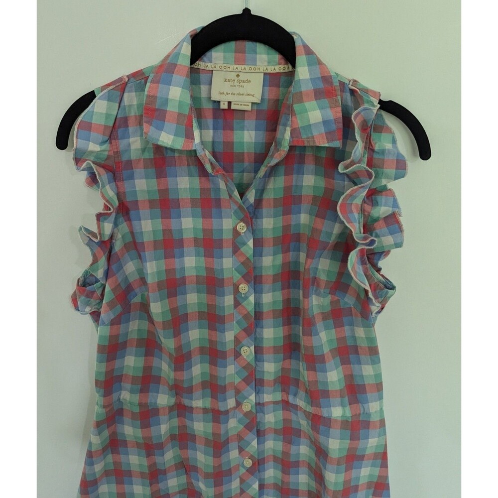 Kate Spade New York Blue & Pink Madras Poplin Shirt Dress, Size 6 100% Cotton - Picture 6 of 12